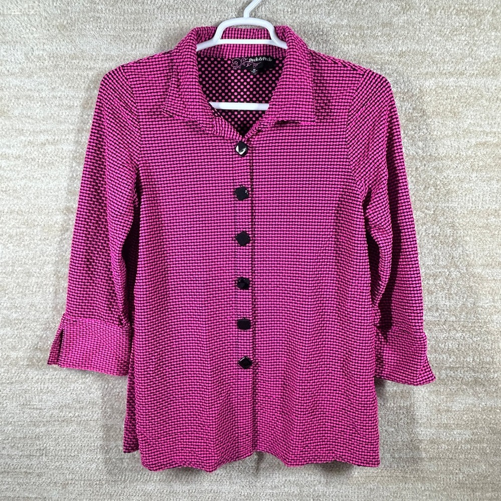 Peck & Peck Womens Indie Sleaze Textured Bubble Knit Button Up Top Pink Black M - Picture 5 of 11